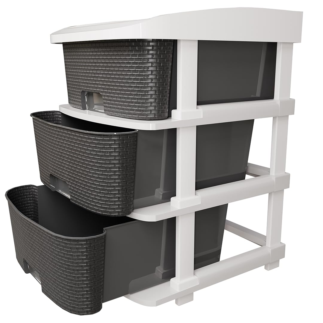 TEX-RO Plastic Modular Drawer Storage Chest of Drawers Organizer Storage Box | Large Stomo Racks for Multipurpose Organizers | Grey | 3 Layer