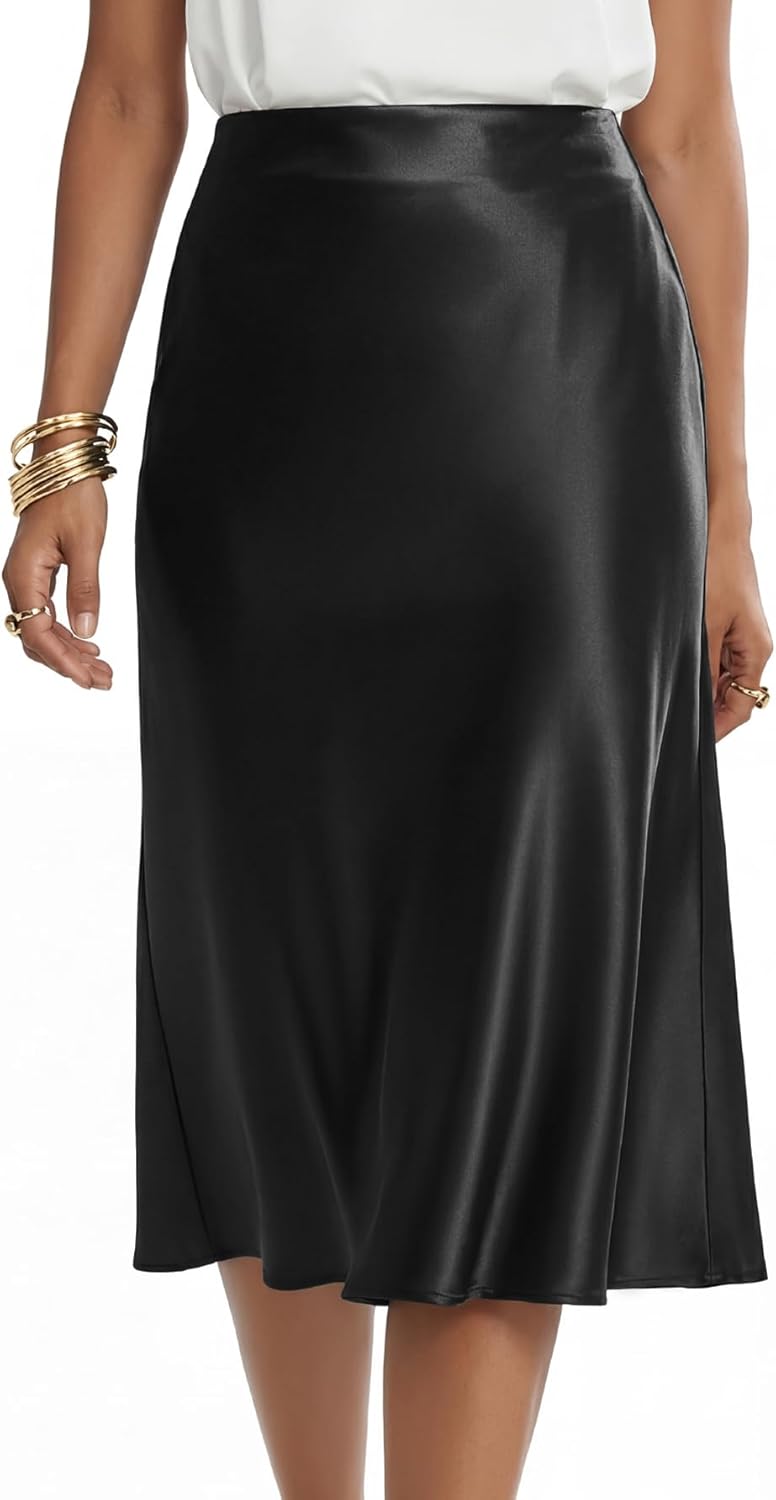 Rooscier Women's Silky Satin High Waist A Line Flared Zipper Elegant Midi Skirt - Image 3