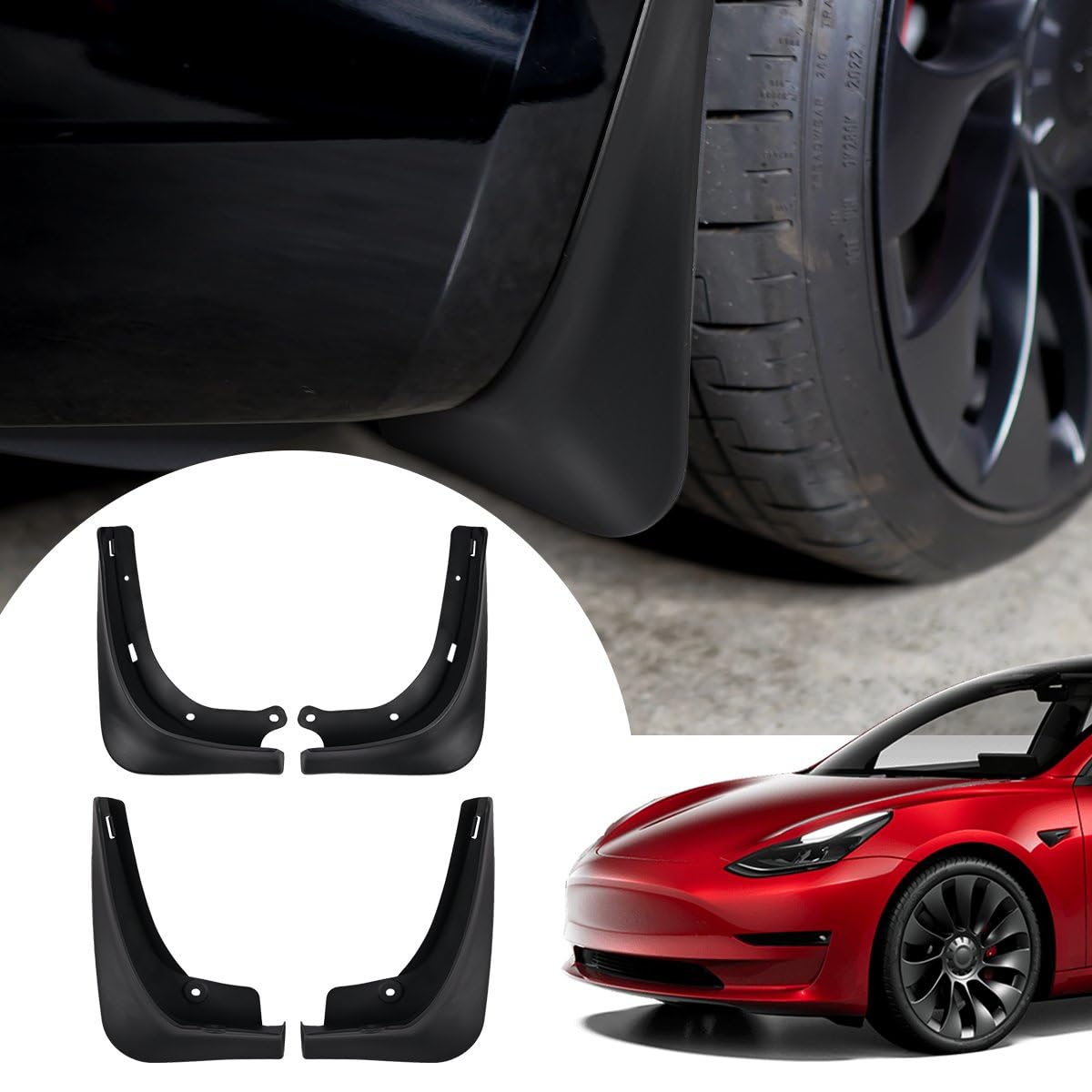 Front &amp; Rear Mud Guards, Mud Flaps Splash Guards All Weather Mudflaps Protector Mudguards No Drilling No Tape Mud Splash Kits Accessories for Tesla Model 3 2016-2023