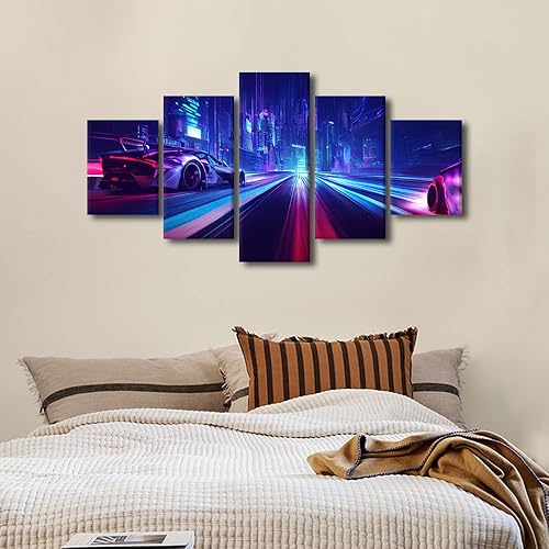 Miniatura 4 de Cyberpunk - Pintura de auto deportivo afinada para decoración de bar, pinturas retro para autos deportivos, 5 piezas, lienzo para pared, decoración