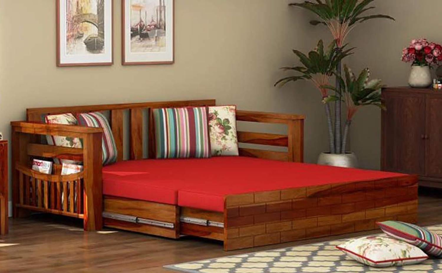 PS DECOR Solid Sheesham Wood Sofa Cums Bed Furniture Set with Storage and Cushions for Living Room | Bedroom | Drawing Hall Queen Size (Honey Finish)-image-20