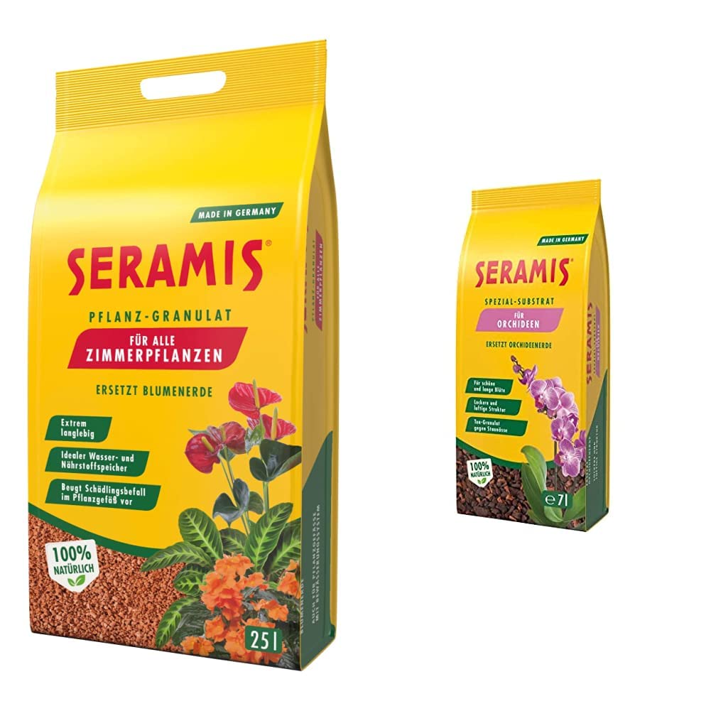 Seramis Pflanz-Granulat für alle Zimmerpflanzen, 25 l – Pflanzen Tongranulat & Spezial-Substrat für Orchideen, 7 l – Orchideensubstrat mit Tongranulat und Pinienrinde,Gelb
