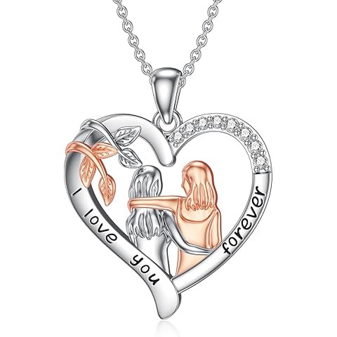 Diamond Mom and Child Love Heart Necklace 925 Sterling Silver Mother and Daughter P...