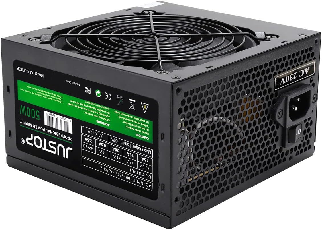 JUSTOP 500W ATX PC Power Supply PSU 120mm Quiet Cooling Fan, 3x SATA / 24 PIN / 4 PIN 12V / 2x MOLEX