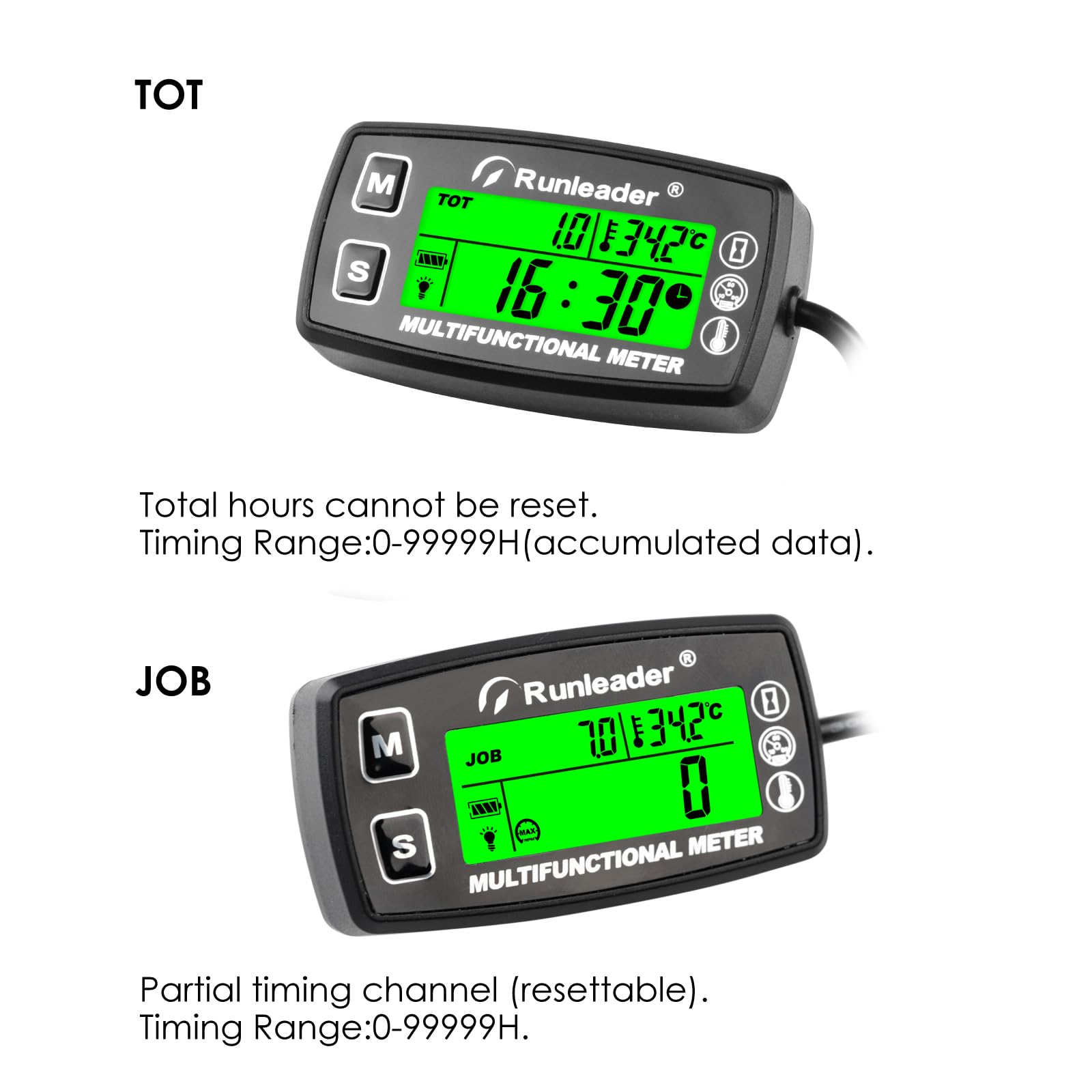 Jauge de température du moteur, compte-tours numérique, horloge, rappel de maintenance, batterie remplaçable avec rétro-éclairage pour petit moteur de tracteur de pelouse (HM035A)