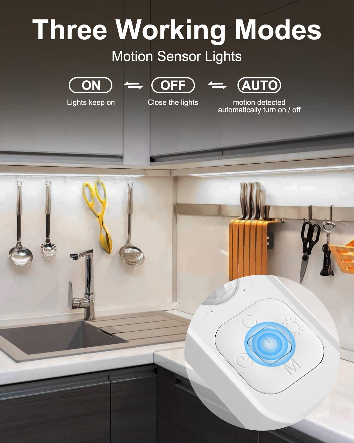 Striscia luminosa a LED con sensore di movimento - Striscia luminosa a LED per armadio con spina da 24 W, dimmer e temporizzazione, 16,5 piedi 6000 K, bianco freddo