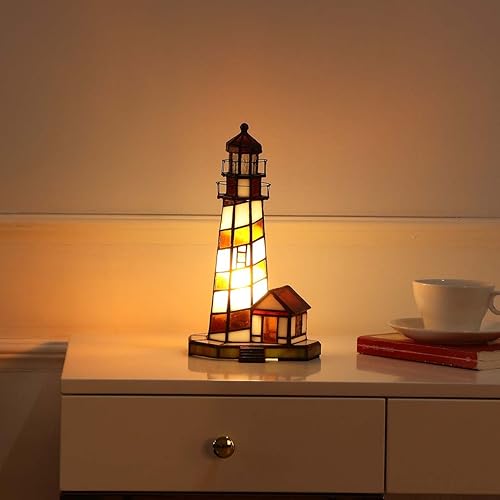 Miniatura 5 de Bieye L10616 Lighthouse Tiffany Style Lámpara de mesa con acento de vidrieras de luz nocturna para decoración del hogar (6x6x11, rojo)