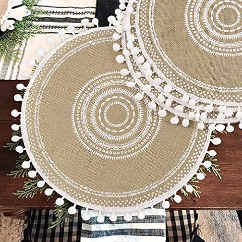 Collive Boho Round Placemat 15 Inch - Farmhouse Woven Jute Fringe Table Mats Set of 4 with Pompom Tassel Place Mat for Dining Room Kitchen Table Decor, White Tribal Folk Cover