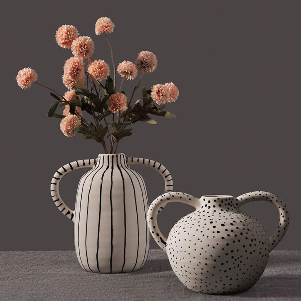 Jarrón de cerámica Hecho a Mano con Dos Asas, jarrón de Flores Blanco Mate, jarrones Modernos, decoración escandinava, jarrón de Mesa para Accesorios de hogar y decoración,A