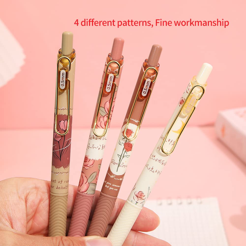 Schnell trocknende Tintenstifte, Kawaii-Kugelschreiber, einziehbarer Gelstift, 0,5 mm feine Spitze, schwarze Tinte, glattes Schreiben für Schule, Büro, Zuhause, 4 Stück (Rose)