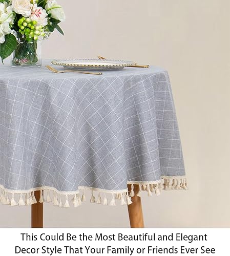 Miniatura 4 de Mantel redondo de lino de algodón, sin arrugas, a prueba de polvo, mantel de mesa de búfalo lavable de 55 pulgadas, mantel con borlas bordadas