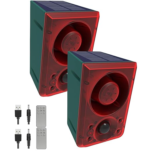 HULPPRE 2pack Solar Outdoor Motion Sensor Alarm-Dog Barking or Gunshot Sound,Support Recording&±Volume,130db Loud Noise Maker,3 Work Modes Strobe Light with USB,Say Goodbye to The Intruders