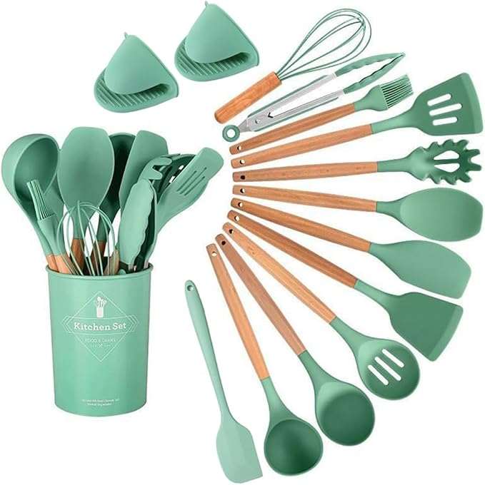 15-piece silicone wooden handle kitchen utensils set, kitchen gadgets (green 15-piece set)