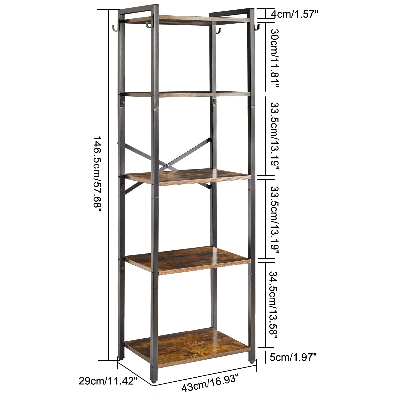 YMYNY Librería de 5 Niveles, Estantería, Biblioteca, Altura 147 cm, Estantería para Oficina, Marco Metálico, Industrial, para Sala de Estar, Estudio Oficina, Cocina, Marrón Rural HBC005H