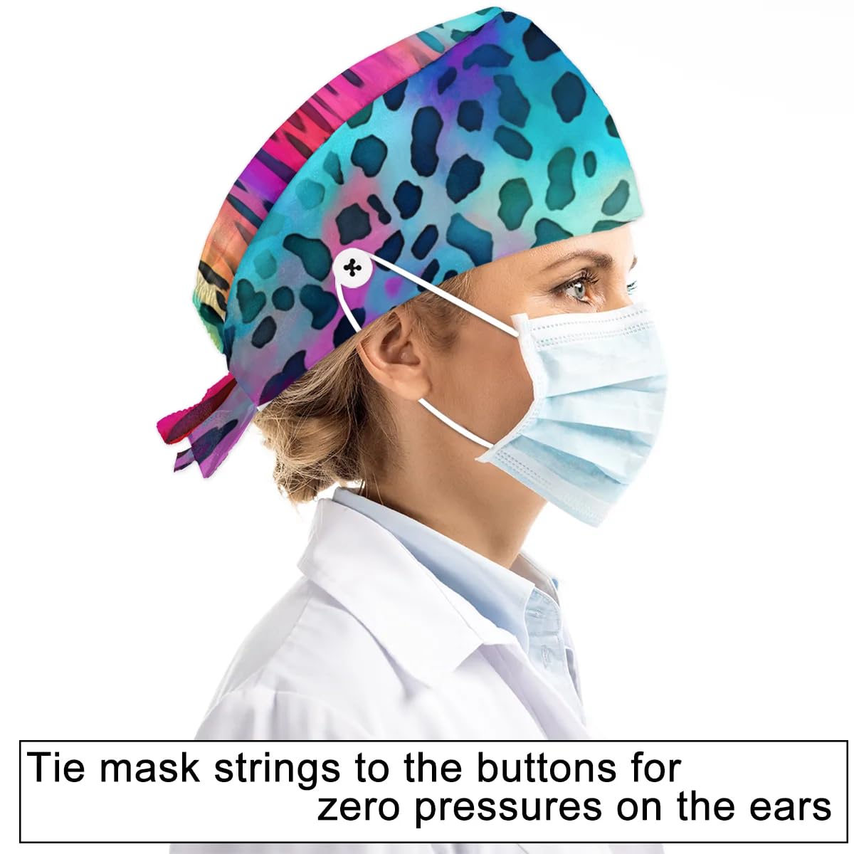 Mularoka Watercolor Leopard Print Working Caps with Button Sweatband Comfortable Adjustable Bouffant Hats Work Hat for Women Men