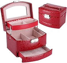 3-Layer Jewellery Box, Semi-Automatic Jewellery Box for Necklace Ornaments with Small Mirror Inside and Padlock Household Items Retro Gift for Women (Red)