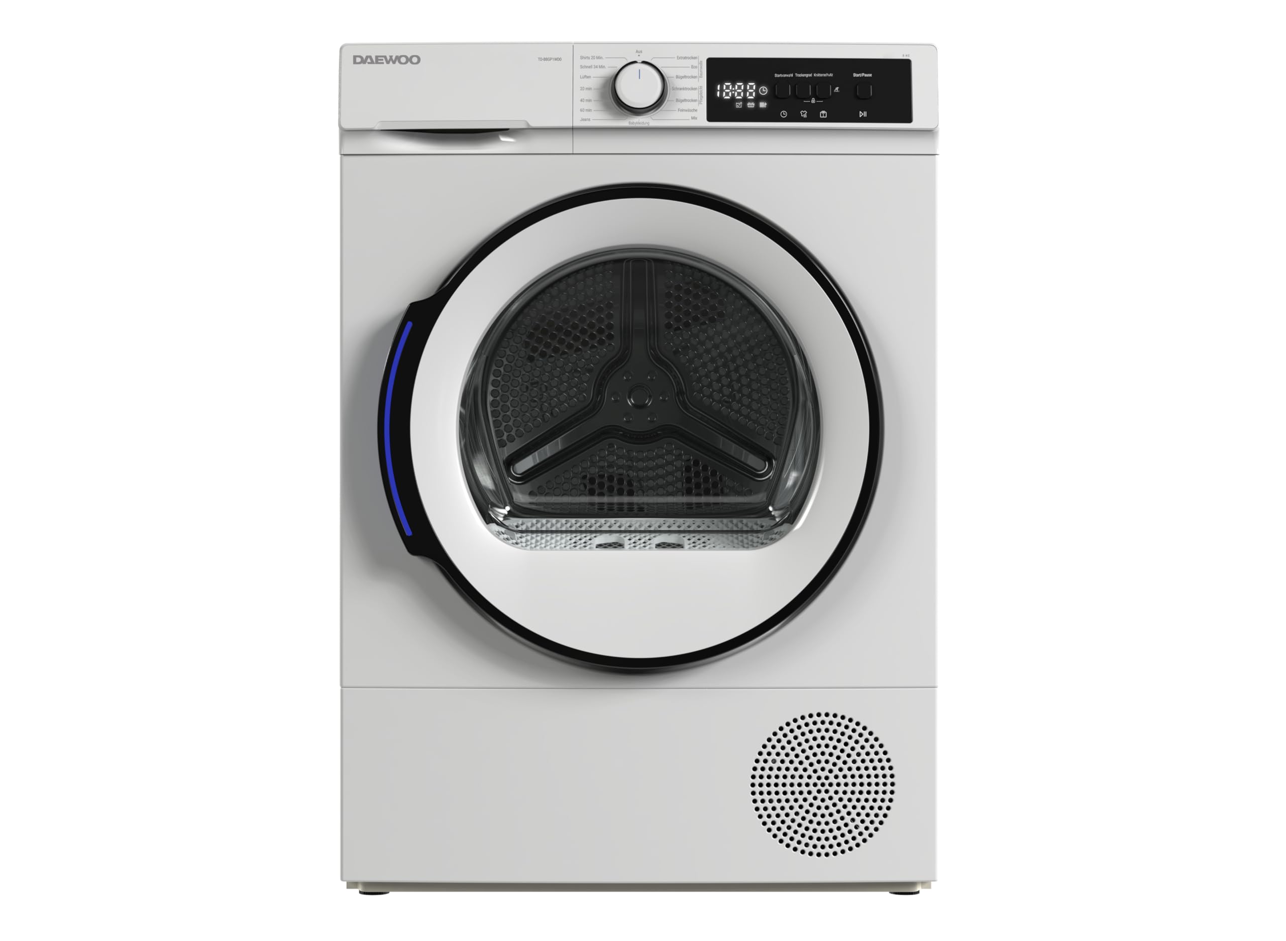 Daewoo TD-B8GP1WD0-DE Wäschetrockner Frontlader, D, 8 kg Wärmepumpentrockner, 15 Programme mit Kurzprogramm, LED-Trommelbeleuchtung, Knitterschutz, Weiß