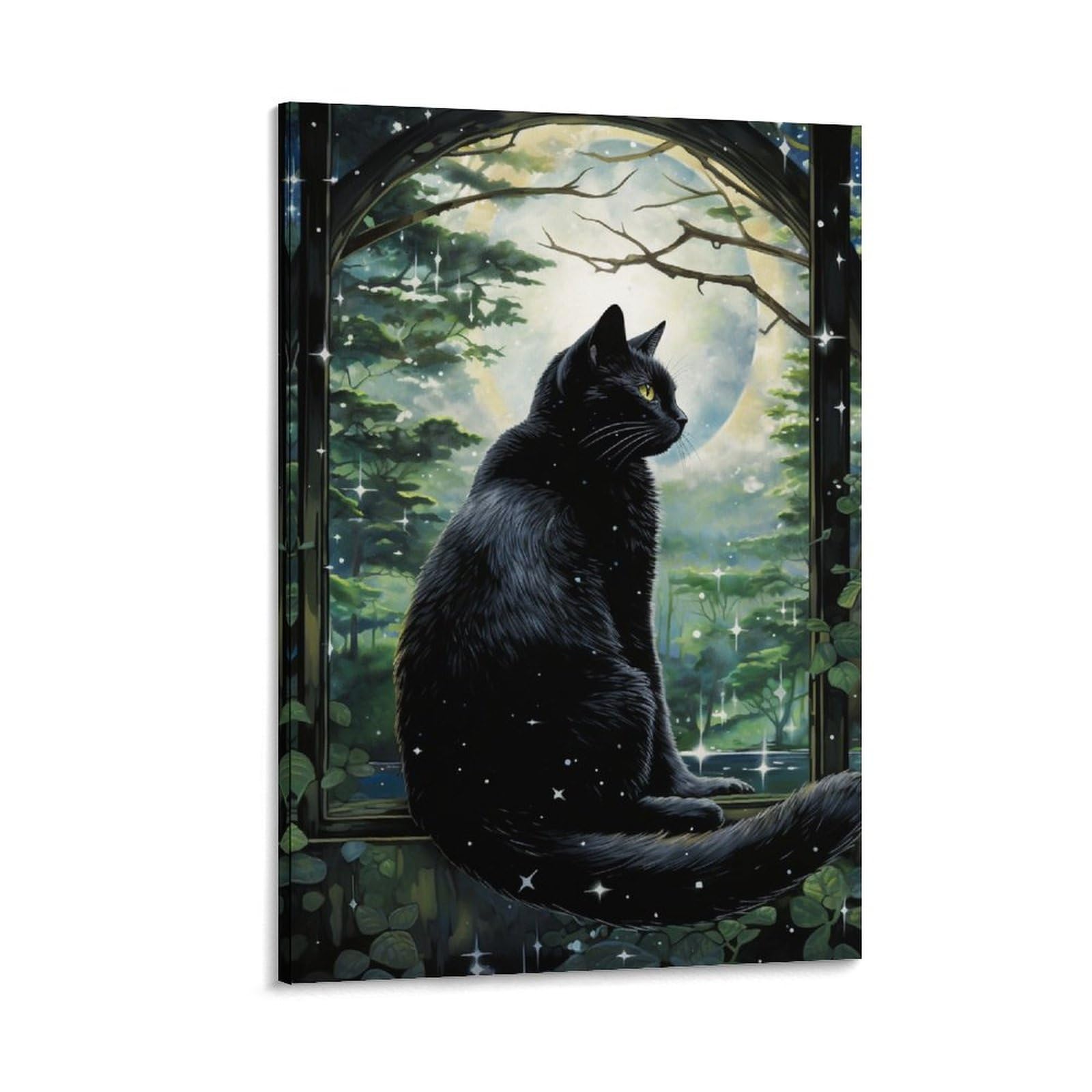 FOCCAR Moon Forest Cat Wall Art Prints Cute Modern Style Kitten Pictures on Canvas Poster Wall Decor for Bedroom Home Decorations