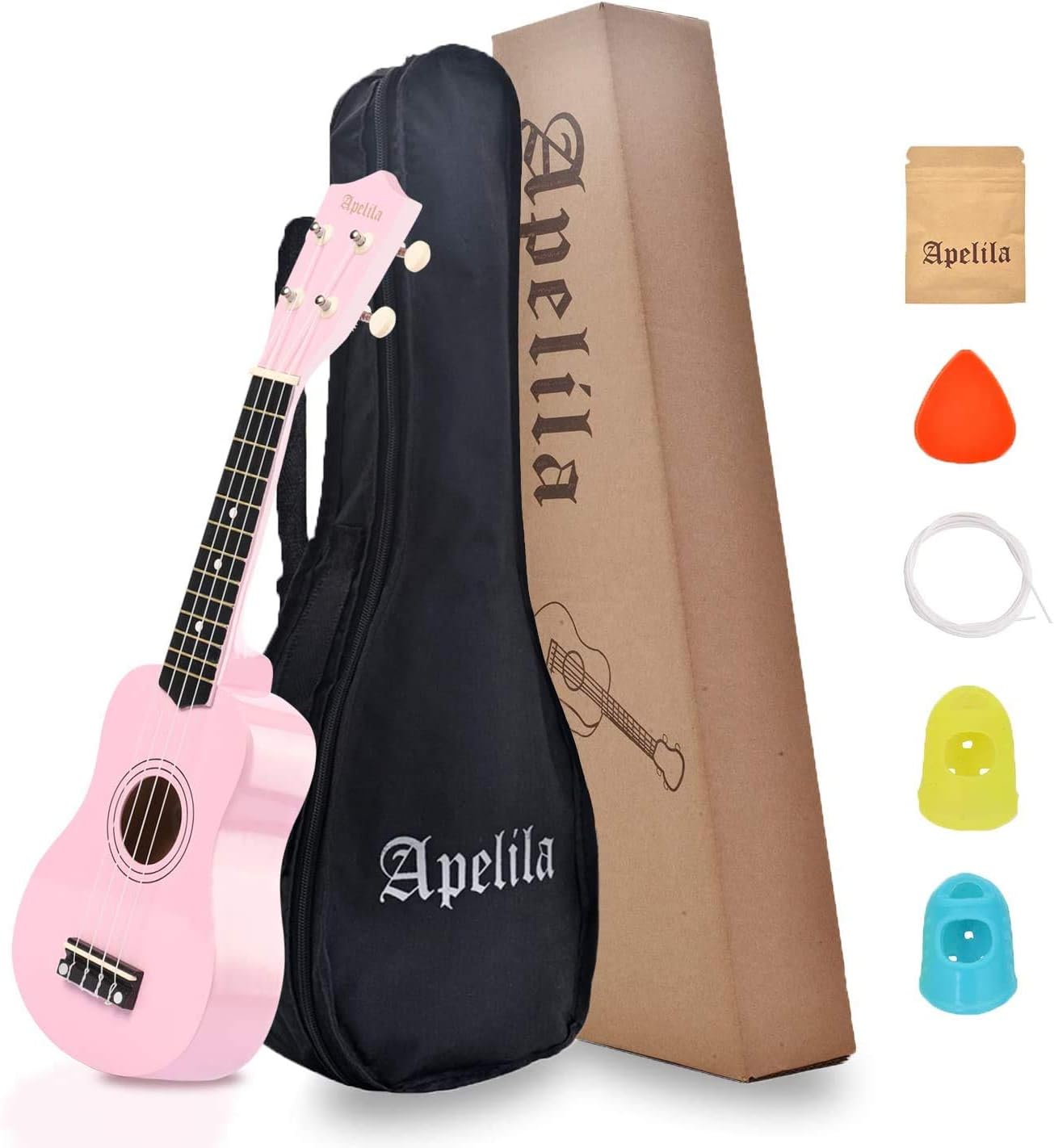 Apelila 21 inch Soprano Ukulele Acoustic Mini Guitar Musical Instrument with Bag, Pick, Strings, for Beginner, Kid, Starter, Amateur (light pink)