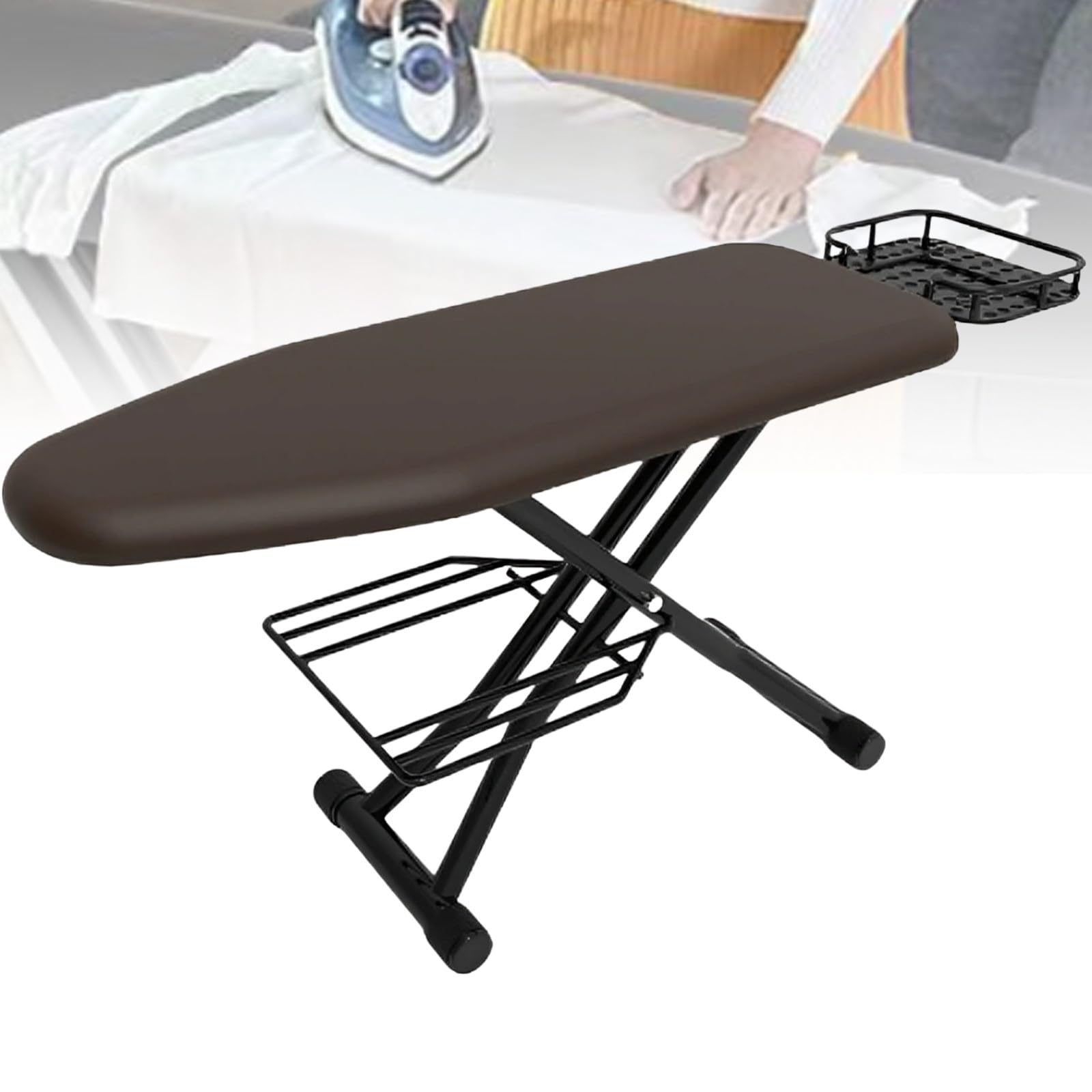 Yxyljoz Brown Foldable Ironing Board Full Size, Height Adjustable Sturdy Iron Board, Height Adjustable Iron Stand With Storage Tray, Ideal For Home, Laundry, Sewing ,110Cm (Brown)