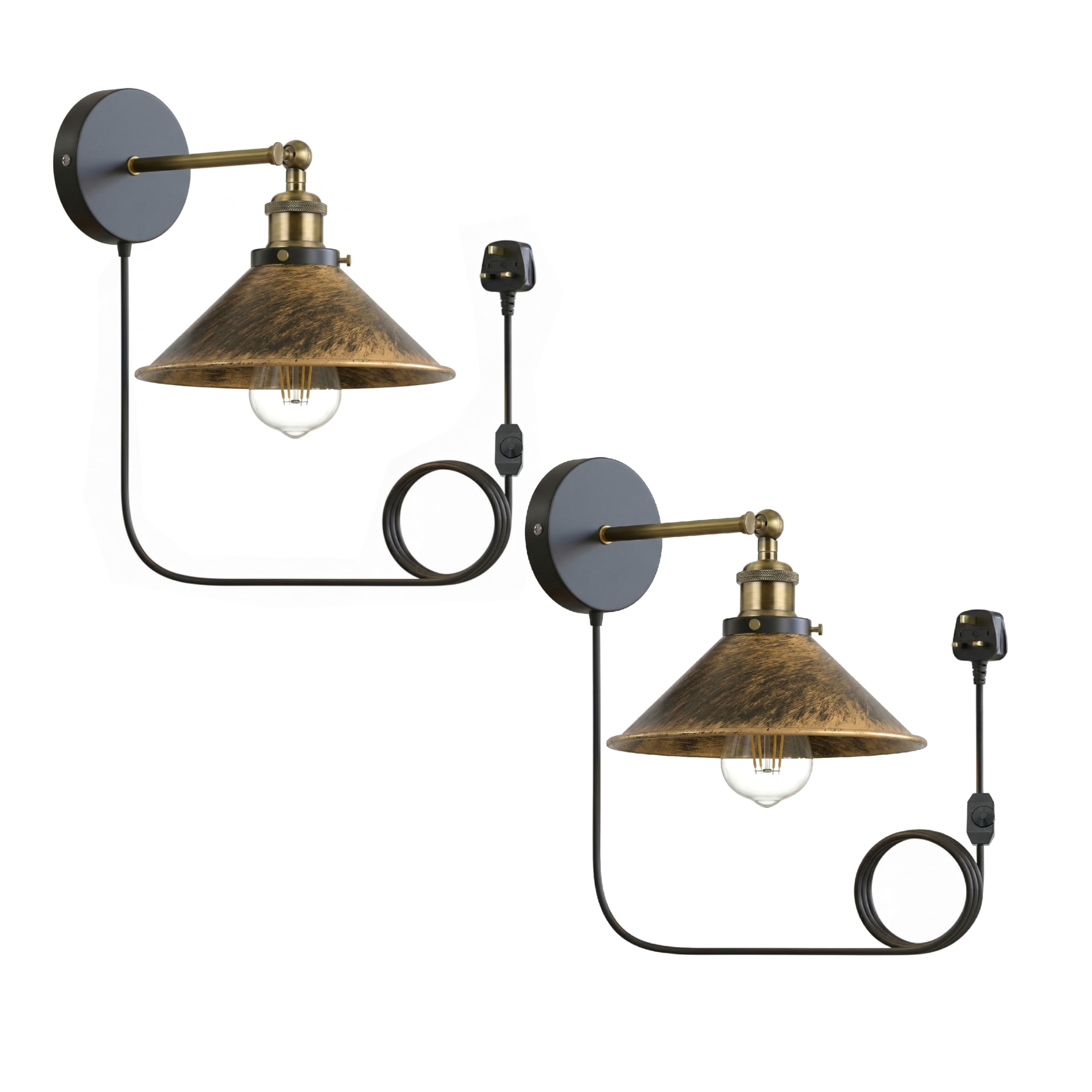 LEDSone Industrial Adjustable Plug in Wall Light Set of 2 – Brushed Copper Swing Arm Sconce with 2m Cable & Dimmer,E27 Bedside Lighting
