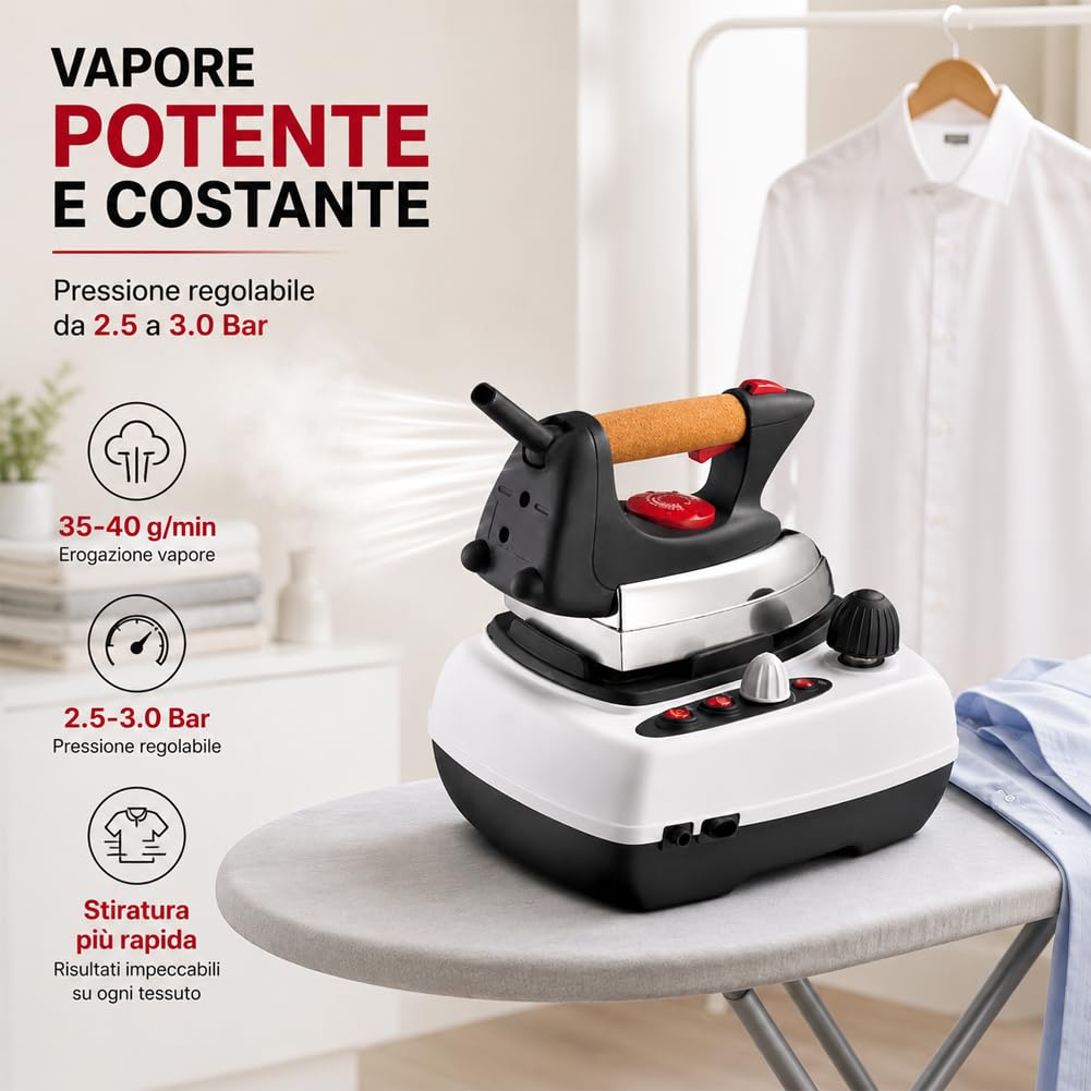 BAKAJI Ferro da Stiro a Caldaia DB8650 Potenza 2000W, Stirella con Capacità Serbatoio 700 ml e Generatore di Vapore, Pressione 3,0 bar, Impugnatura Ergonomica in Sughero, Regolazione della Temperatura