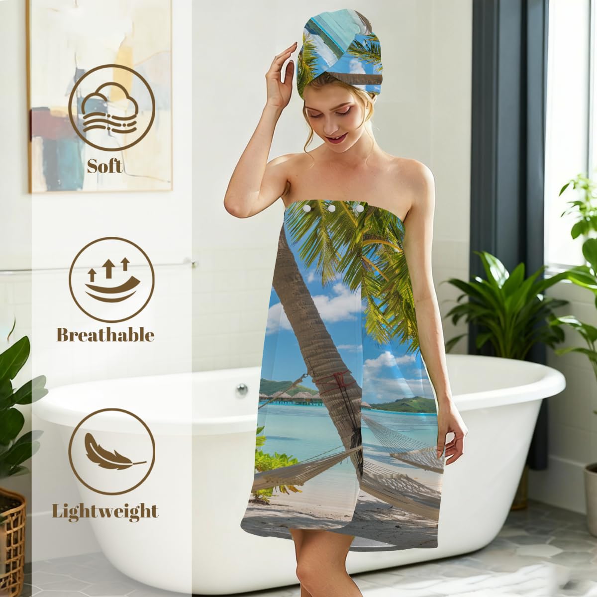 Mikrofaser-Duschtuch für Damen, mit Haar-Handtuch, Ozean, Strand, Palmen, tropische Insel, Meer, weiche Körperwickel, Kleid mit Haartrocknungskappe für Strand, Pool, Spa, 2 Sets