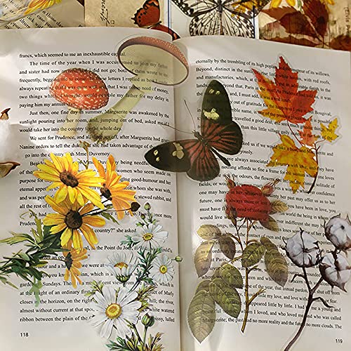 6 Themes Waterproof Stickers, Maxleaf 66Pcs Large Size Vintage Cotton Flowers Butterflies Mushroom Maple Leaves Clear Stickers For Junk Journaling Bullet Journals Art Diy Craft Diary Album Scrapbook Decoration, Vintage Dried Flowers Stickers Supplies #TOP2
