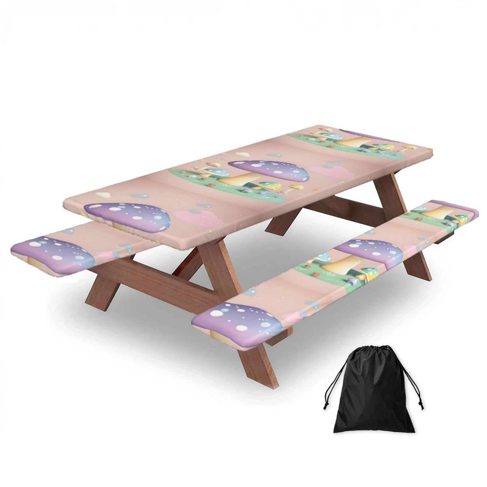 Hhbiuuo Black 72In Camping Table Cover & Bench Covers 3-Pack Set, Cartoon Mushroom Print Tablecloths, For Rectangle Tables Picnic