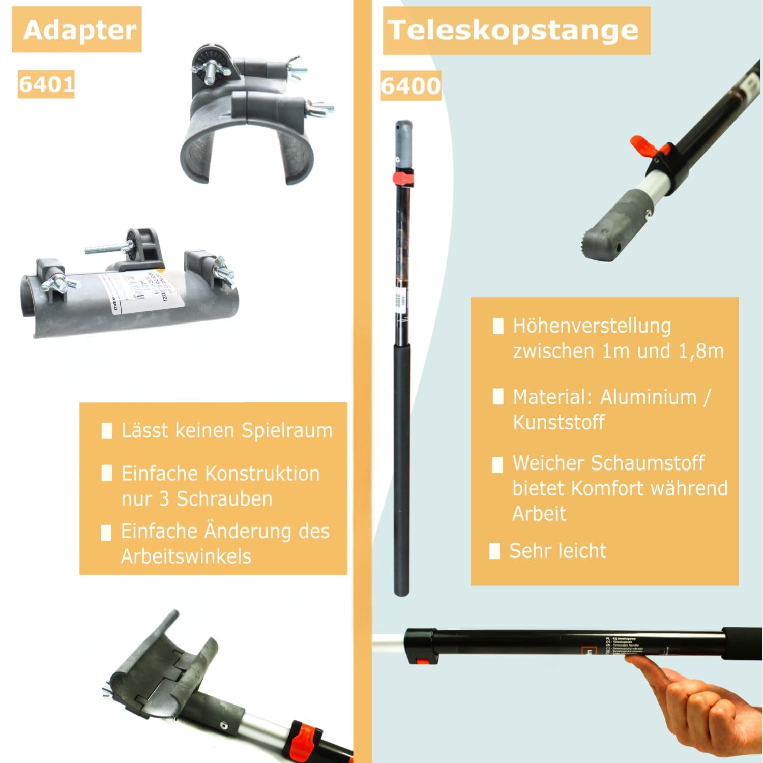 PROFI SET - Flächenspachtel edelstahl mit aluminium teleskopstange und stielaufnahme für spachtel - MADE IN EU