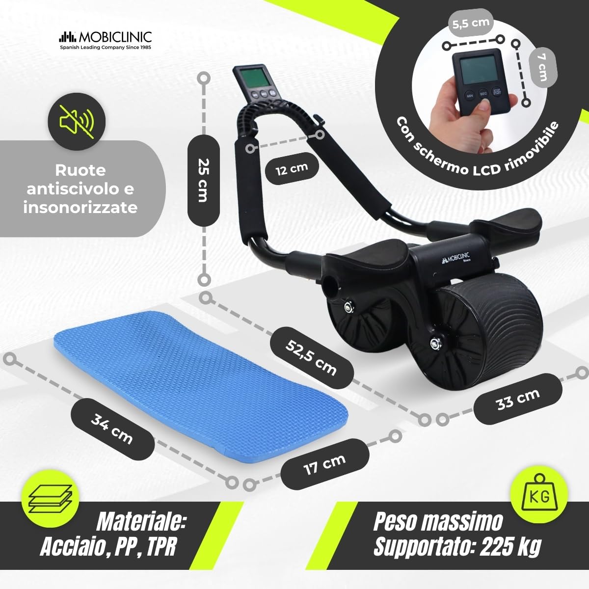 Mobiclinic®, Ruota addominale con rimbalzo automatico, Ab roller, Supporto per i gomiti, Timer digitale, Tappetino antiscivolo, Doppia, Portacellulare, Ra-02, Palestra domestica, Fitness
