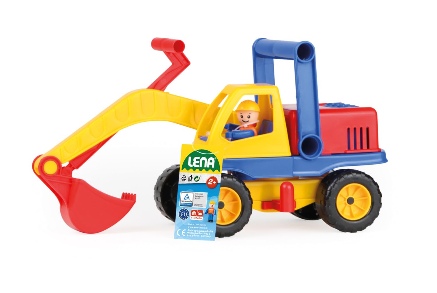 Besuche den Lena- Lena 04151 Aktiv Bagger, ca. 35cm, mit beweglicher Spielfigur, Baustellen Spielfahrzeug für Kinder ab 2 Jahre, robuster Schaufelbagger mit funktionstüchtigen Baggeram und Haltegriff in use