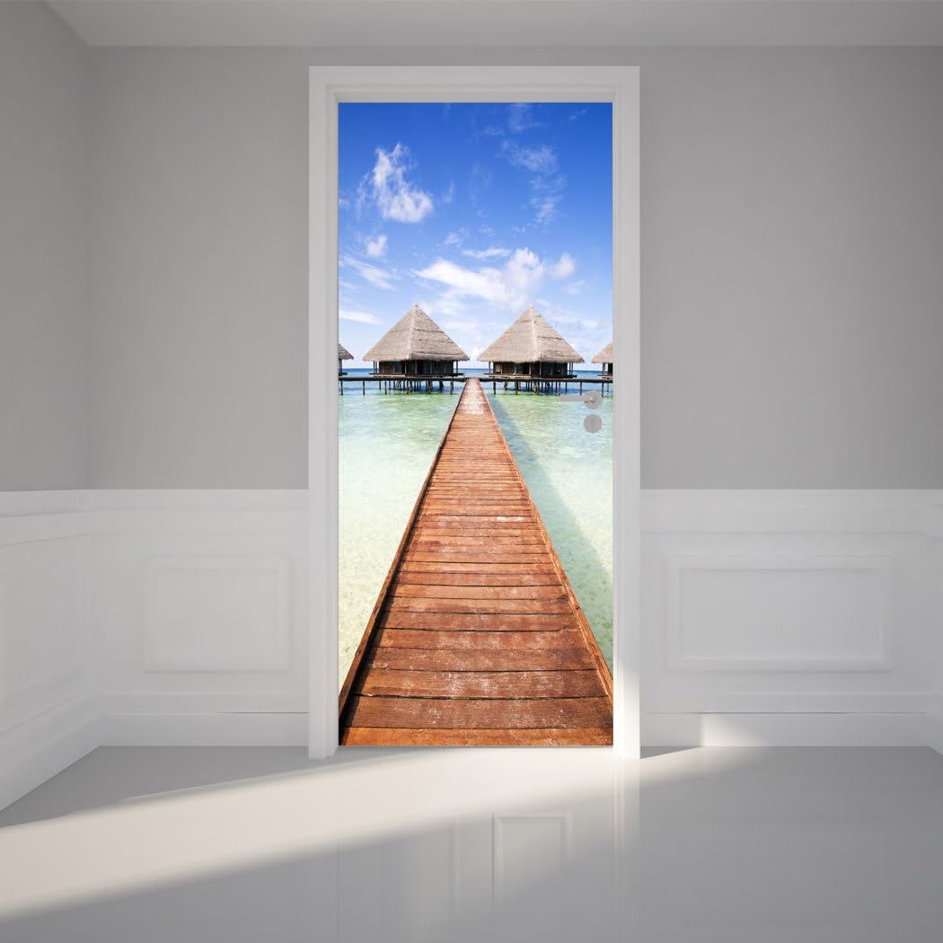 RoyalWallSkins Door Mural Wall Sticker Tropical Resort and Bright Sky - Bubble Free Version, Semi-Glossy, Self Adhesive Peel & Stick Door Wrap (36 x 80)
