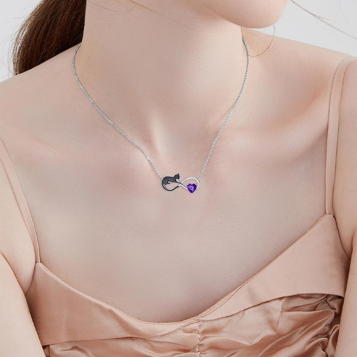 Schwarze Katzen Kette mit Geburtsstein für Damen, 925 Sterling Silber Unendlichkeits und Katzen Halskette Schmuck Geschenke für Katzenliebhaber