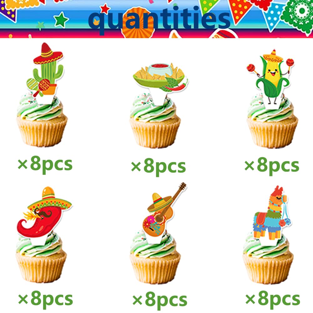 48pcs Mexican Fiesta Cupcake Supplies Birthday Party Cupcake Toppers for Kids Gift Party Favors Mexican Fiesta Birthday Party cake Decoration Supplies