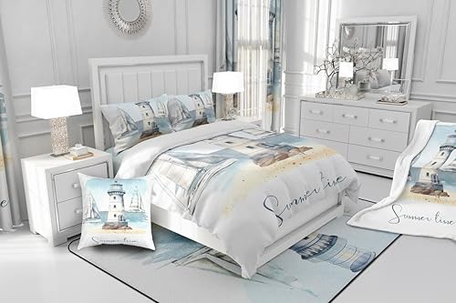 Miniatura 4 de Erosebridal Juego de colcha náutica, juego de edredón de lancha de vela, faro, acuarela con temática oceánica, juego de ropa de cama de verano,