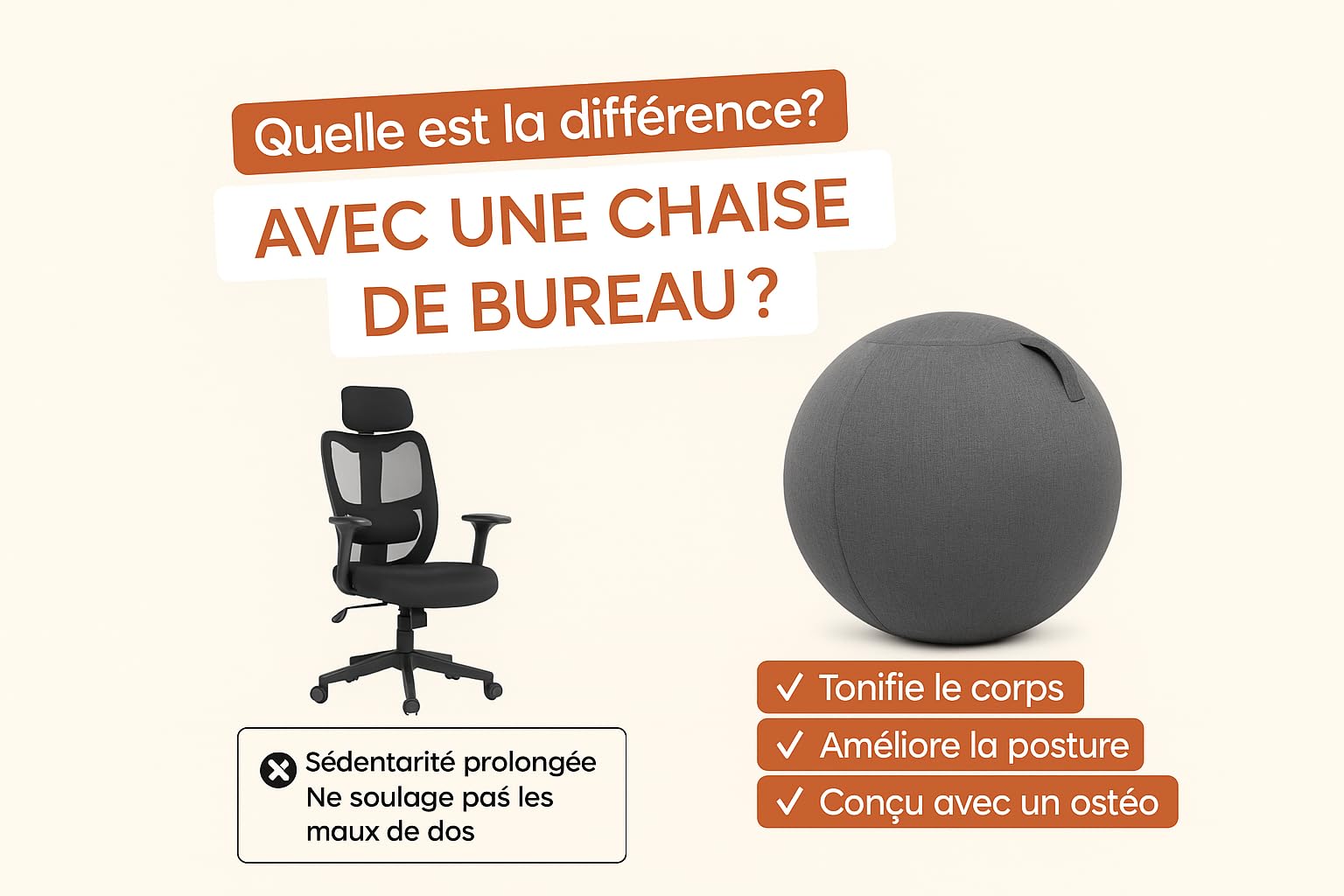 DreamNest - Siège Ballon de Yoga 65 cm | Balle de Gym Transformable en Chaise de Bureau | Tissu Chiné Confortable | Idéal Posture, Gainage, Bureau Ergonomique