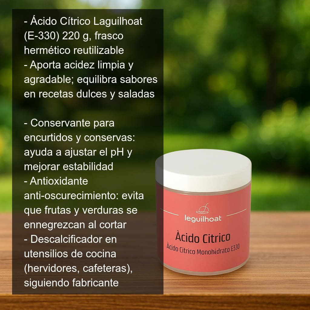 Ácido cítrico alimentario E-330 220 g en frasco hermético reutilizable para cocina y conservas, aporta acidez, antioxidante culinario, cuajar leche, marinados, efervescencias, descalcificador