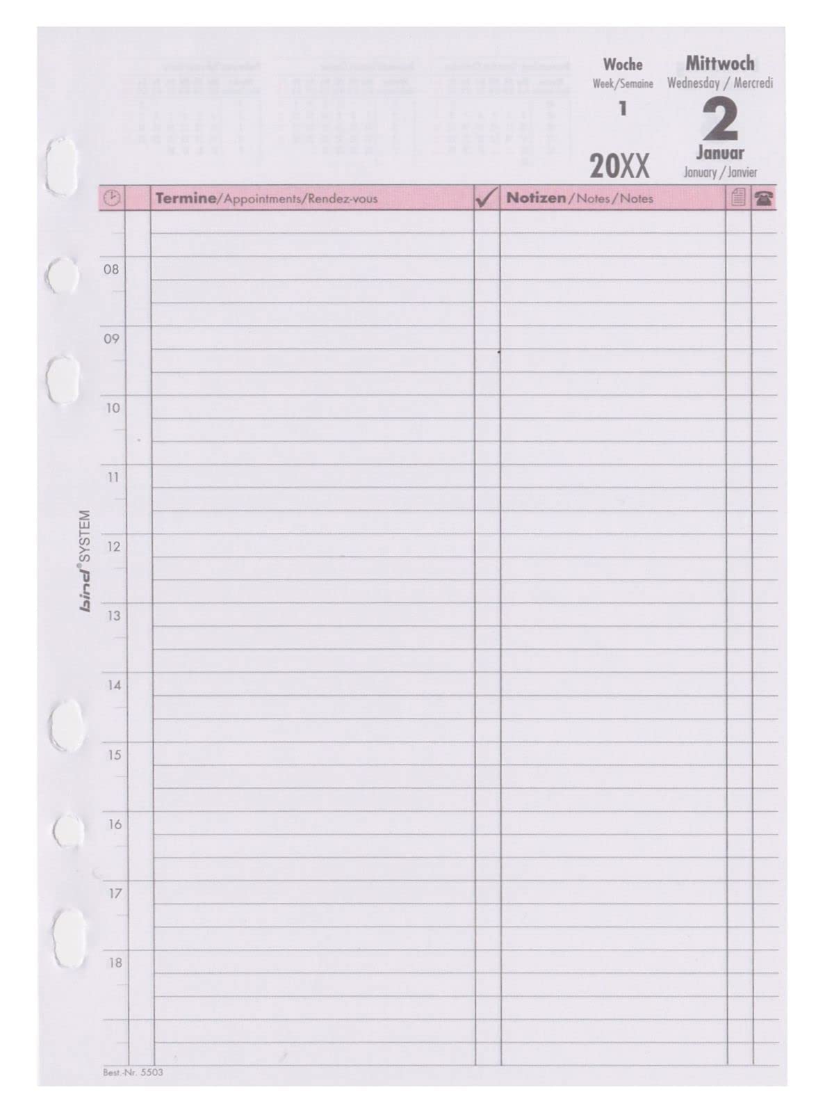 BIND B550326 Kalendereinlage für Tageskalender A5, Timer Einlage für Kalender Jahr 2026, 1 Tag / 1 Seite, Terminkalender mit System, Kalendarium für bind Systemplaner und Standard Timeplaner