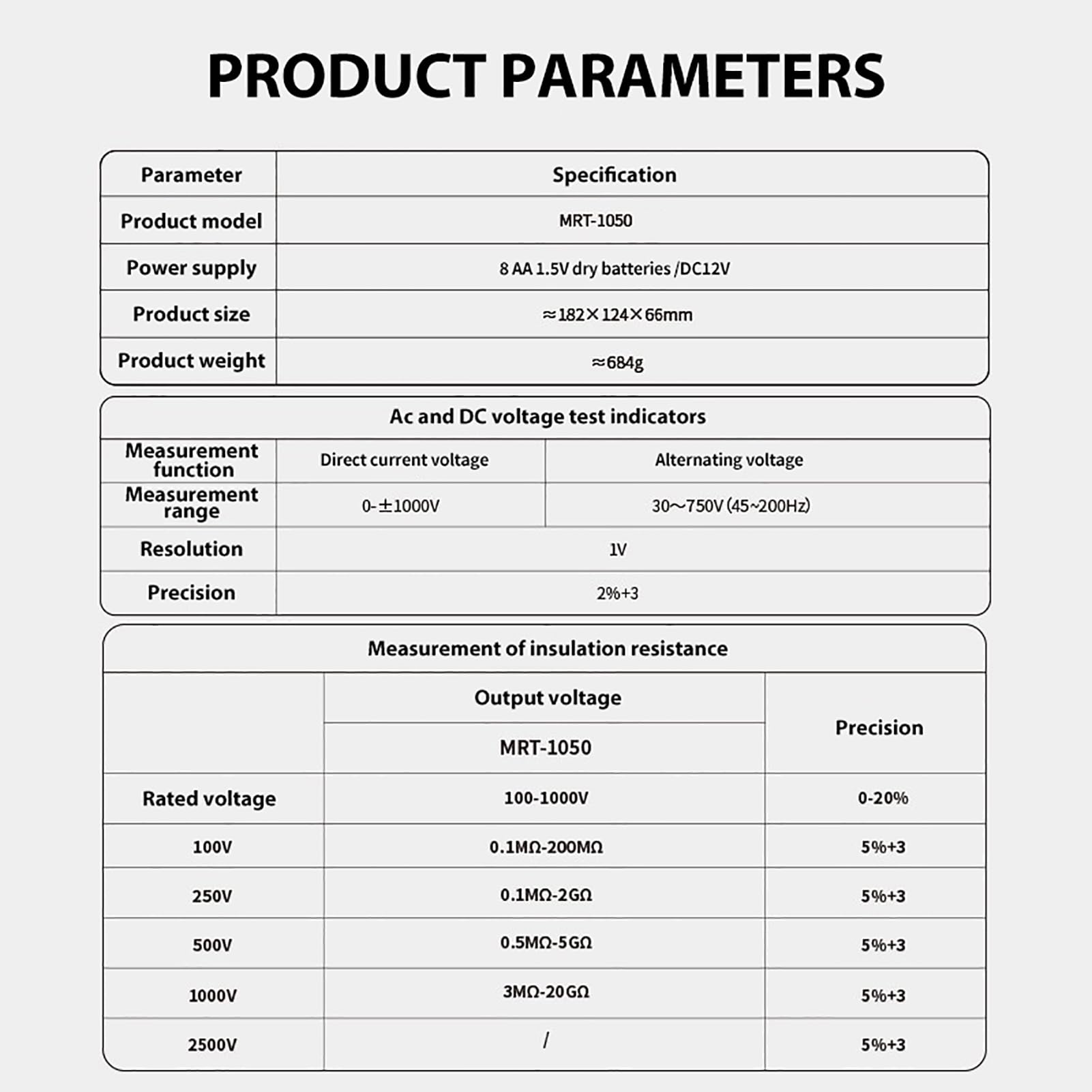 PROBADOR DE AISLAMIENTO MEGOHMETRO MEDIDOR DE OHMIOS PROBADOR VOLTAJE PARA PRUEBAS VOLTAJE AC DC 100-1000V (MRT-1050)