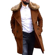PASLTER Mens Winter Trench Overcoat Removable Faux Fur Collar Top Coat Double Breasted Business Long Pea Coat