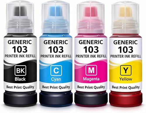 Compatible Printer Ink Refill 103 for Epson L5190, Black Cyan Magenta Yellow, 4 Pack