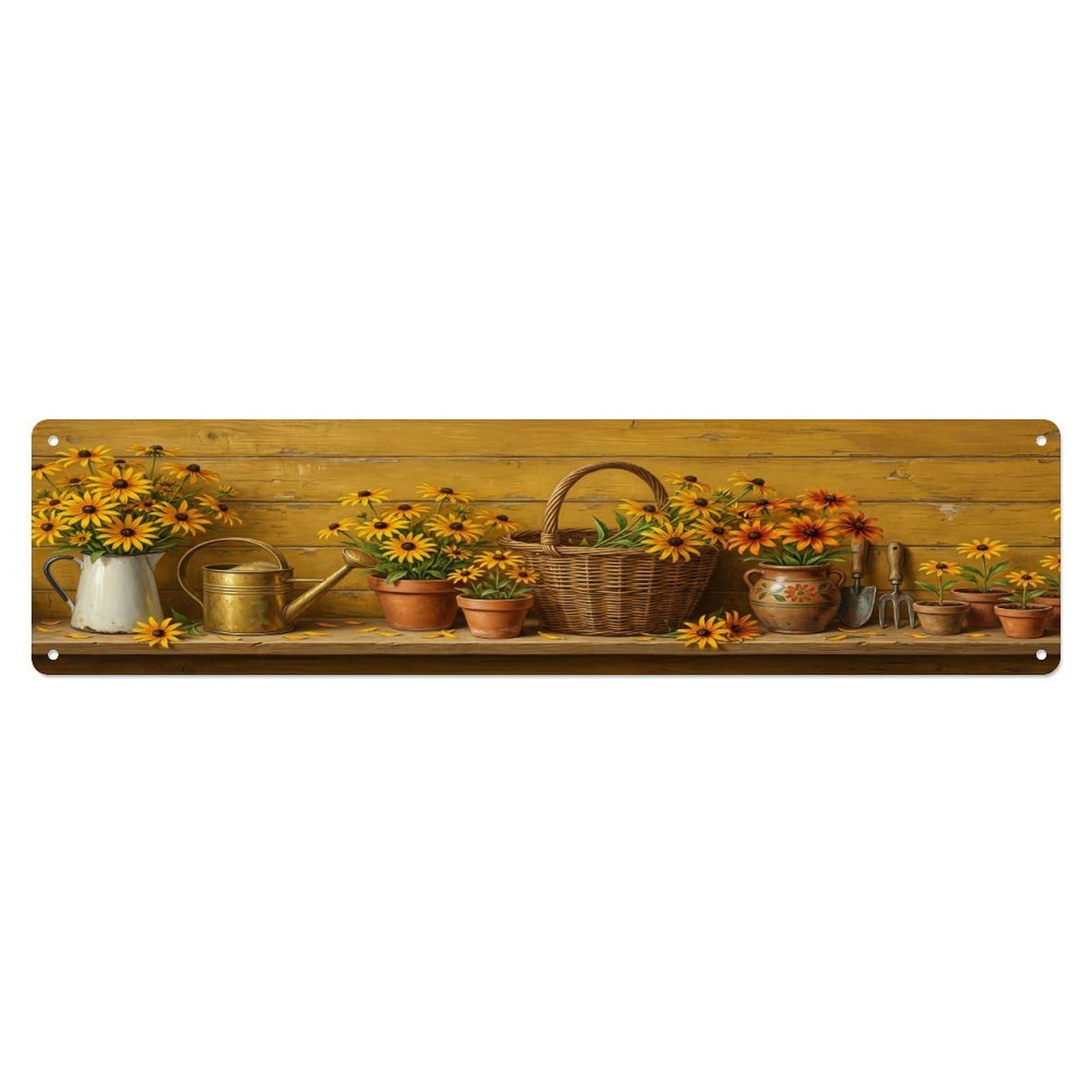 Floral Garden Tools Rudbeckia Gold Pattern Print Metal Tin Sign