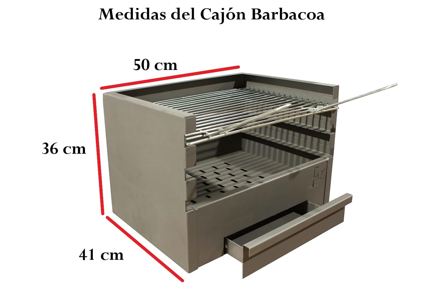 Cajón para Barbacoa con parilla, barbacoa rectangular 50x41 carbón y leña con 3 alturas y cajón para cenizas.