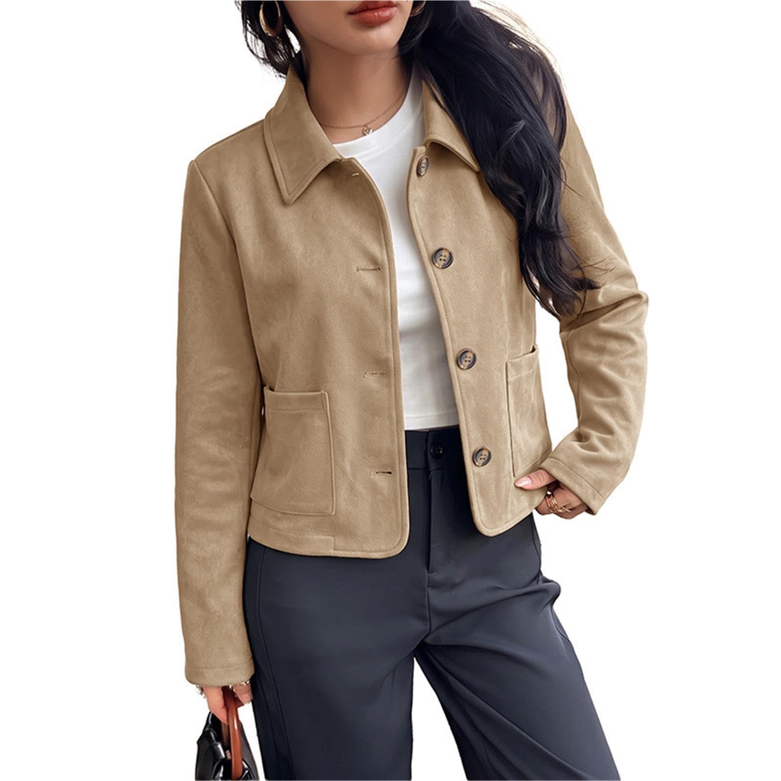 Giacca donna ecopelle scamosciata col rever bottoni larga corta casual