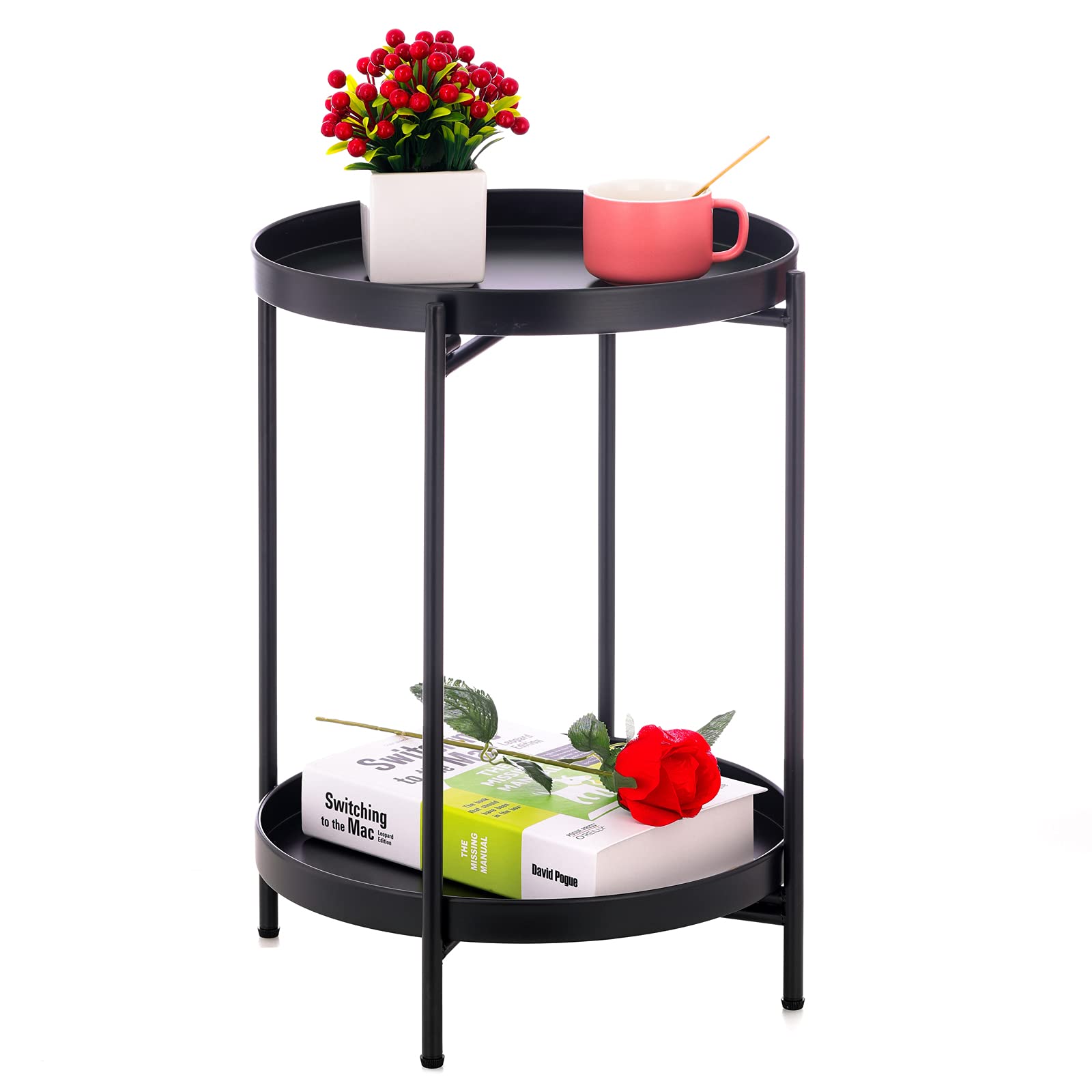 Sankell Black End Table, 2Tier Metal Round Side Table with Removable