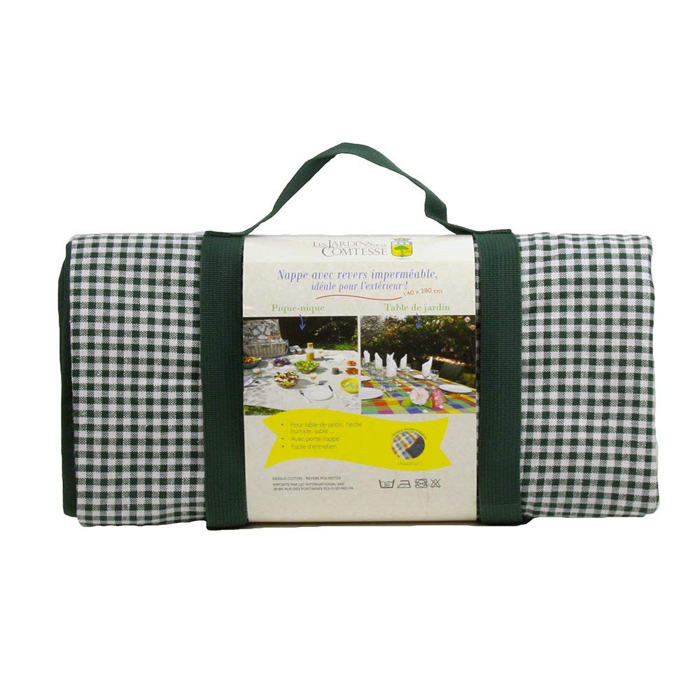 Les Jardins de la Comtesse - Nappe de Picnic Carrée Vichy Vert Foncé - Coton et Revers Etanche Polyester - 140x140cm - 2/4 Personnes - Tapis/Couverture de Picnic Pliable et livrée avec Porte-Nappe