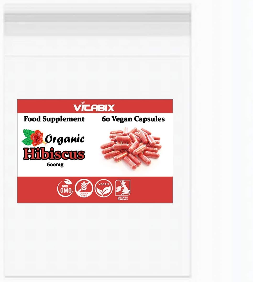 Organic Hibiscus Flower Vegan Capsules | 600mg |Strong Antioxidants | No-GMO | Gluten Free | Made in UK | from Vitabix (180)