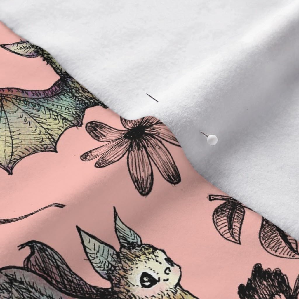 Spoonflower Fabric - Hearts Bat Bats Flowers Halloween Wildlife Floral Pink Nature Red Printed on Polartec(R) Fleece Fabric by The Yard - Sewing Blankets Loungewear and No-Sew Projects