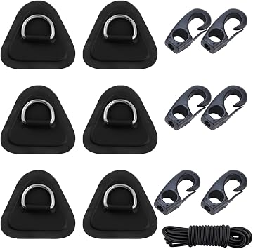 Stainless Steel D-Ring Pad PVC Triangle Patch with 8.2ft Bungee Cord and 6pcs Hooks for Inflatable Boat Sup Kayak Canoe Deck Surfboard Raft Stand Up Paddle Board 6pcs- Black